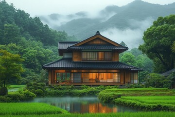 Obraz premium traditional japanese house nestled in serene countryside showcasing wooden architecture surrounded by lush greenery evoking tranquility and heritage