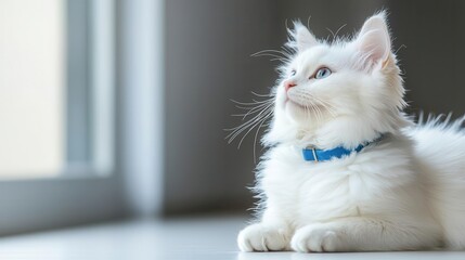 White Persian cat with a blue collar, domestic pet, luxury and elegance in everyday life