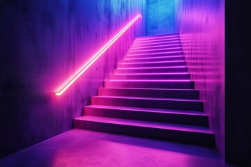 A minimalist staircase with a handrail made of intertwined neon tubes, casting a vibrant glow along the path 