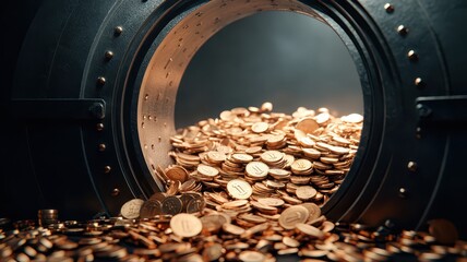bank vault showcases an abundance of coins, symbolizing wealth and security.
