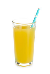 Glass with pineapple juice and straw isolated on white
