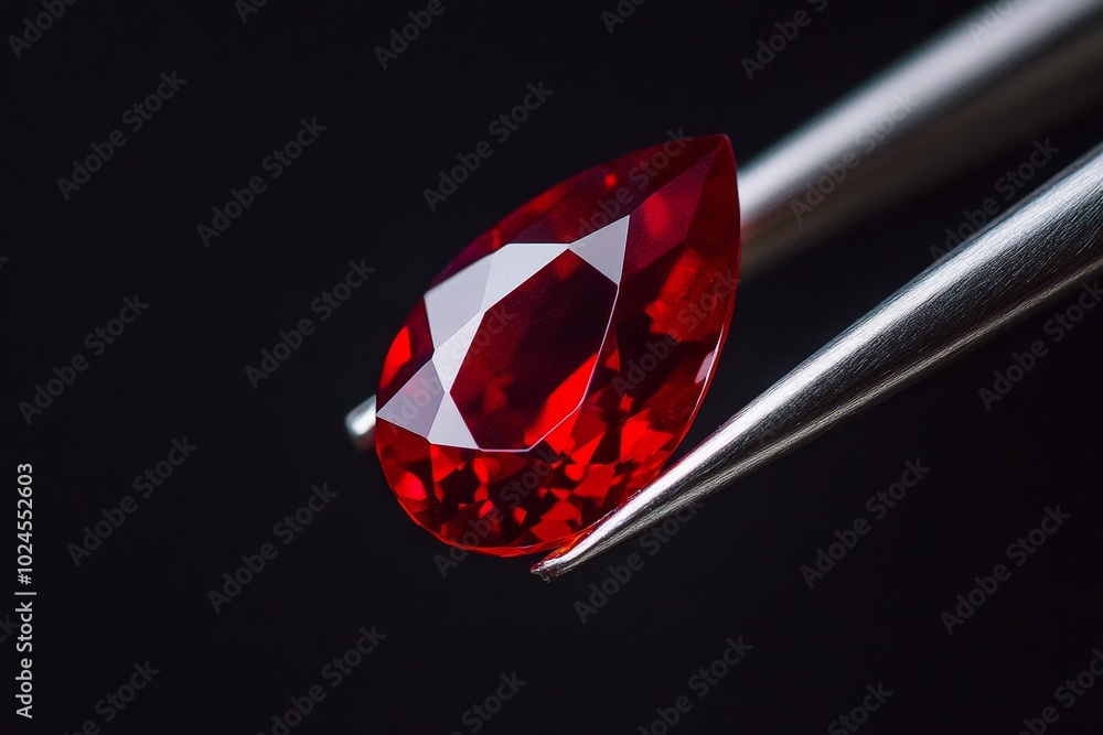 Poster a close-up view of a sparkling red gemstone held by tweezers against a black background in a well-li