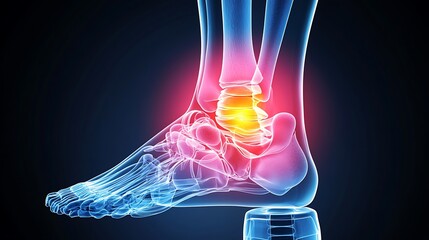 Ankle joint X-ray, pain area depicted in bright yellow light, detailed bone structure, glowing yellow overlay on pain region, soft shadow gradient in the background, blue tint on non-painful bones,