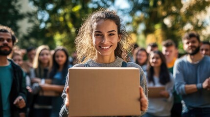Fototapeta na wymiar Woman holding a charity box, surrounded by volunteers, symbolizing giving and support. illustration 