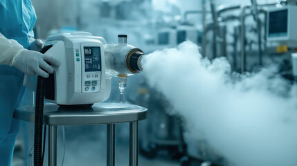 Laboratory sterilization equipment emitting vapor in a cleanroom, with a worker in protective gear and gloves operating the device on a metal table.