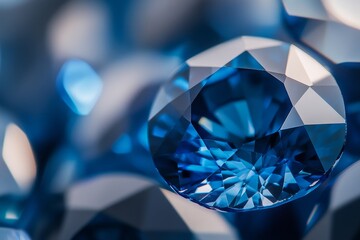 Close-up view of brilliant blue diamonds sparkling in natural light, showcasing their intricate cuts and shimmering facets