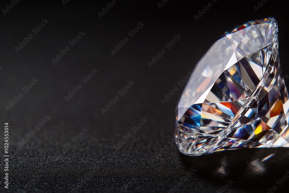 Poster close-up view of a brilliantly cut diamond resting on a dark surface, showcasing its intricate facet