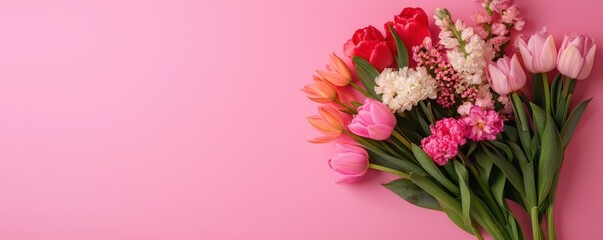 Fototapeta premium A vibrant bouquet of spring flowers bursts with color against a bright and cheerful background.