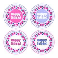 Happy birthday sign with berries and waffle background for the paper plate, balloon design, stickers, badges and emblems. Set of 4. Vector design.