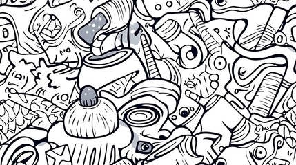Naklejka premium A detailed craft-themed pattern, depicting paintbrushes, spools of thread, sewing machines, beads, and fabric pieces amidst decorative patterns and swirls. Light,