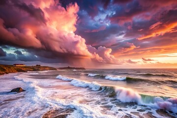 Stormy pink sunset on French west coast with strong wind, rain, and heavy sea
