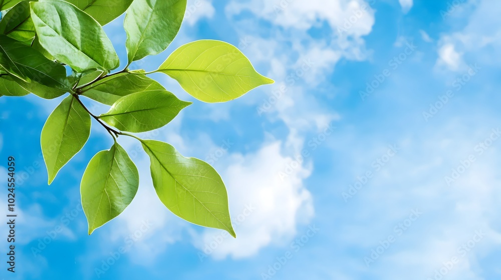Poster bright green lush foliage set against a vivid blue sky creating a complementary color palette and se