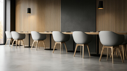 Modern minimalist interior with wooden vertical paneling, gray upholstered chairs, and a long wooden table beneath pendant lights.