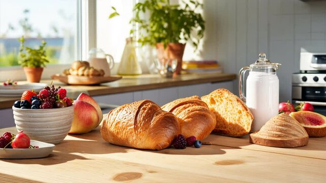 A table with a variety of food items including bread, fruit, and milk.