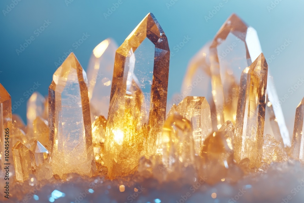 Poster golden crystals sparkling under blue light, creating a mesmerizing effect in a serene natural settin