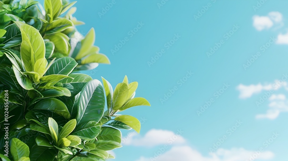 Poster lush green plants and foliage set against a soft hazy blue sky with ample copy space on the side thi