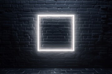 black brick wall with glowing white neon square light 