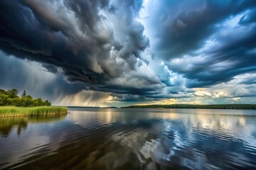 Fototapeta premium Stormy weather at a tilted angle lake with dark clouds during rainy season