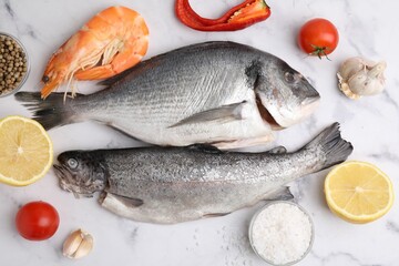 Fresh raw sea food, ice cubes and products on white marble table, flat lay