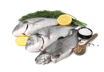 Sea food. Different types of fresh fish with spices isolated on white