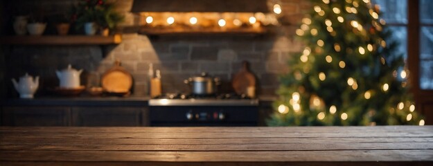 Festive kitchen backdrop with empty wooden table in foreground, Christmas tree and twinkling lights creating a warm, cozy atmosphere for holiday cooking and gatherings.
