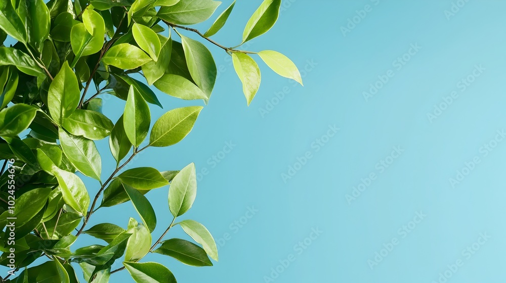 Poster lush green foliage against a clear blue sky with large copy space at the top this image showcases th
