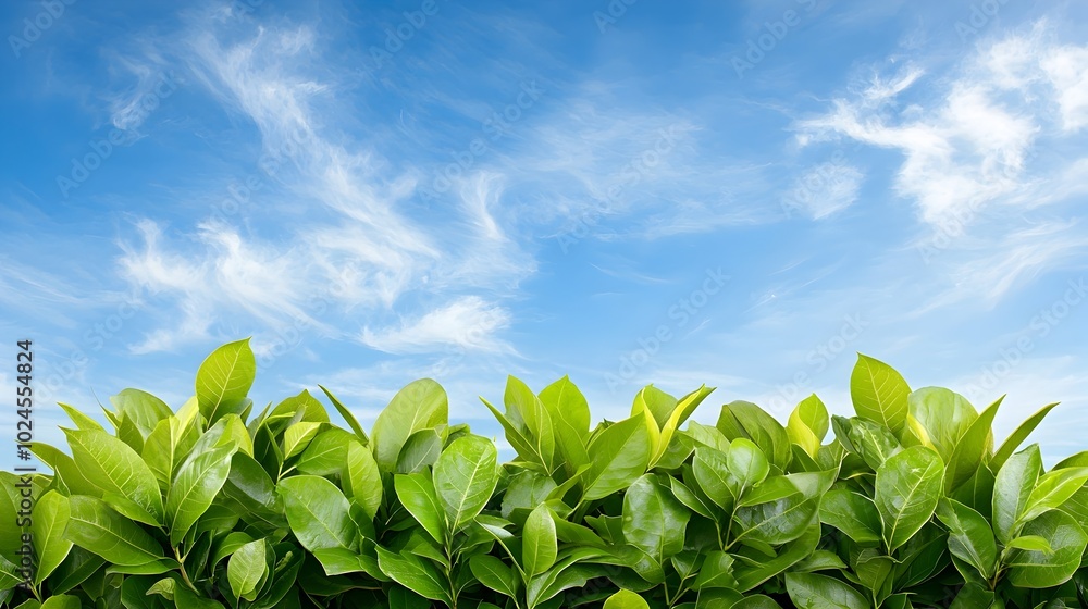 Poster lush verdant green foliage set against a vibrant cloudless blue sky with ample copy space the comple