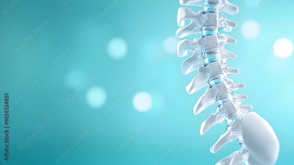 Poster a sleek minimalist 3d render of a cybernetic spine mockup displayed on a medical themed blue backgro