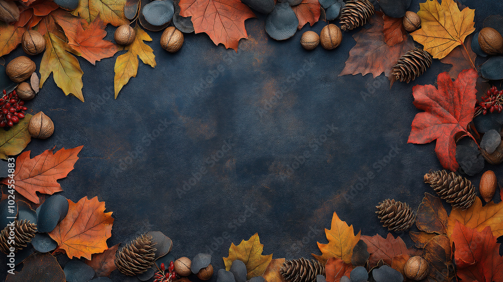Poster top view of autumn elements featuring fall leaves and pine cones on dark rustic background