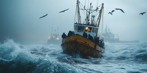 Obraz premium Fishing boat braves turbulent seas under a grey sky, capturing a dramatic maritime scene.
