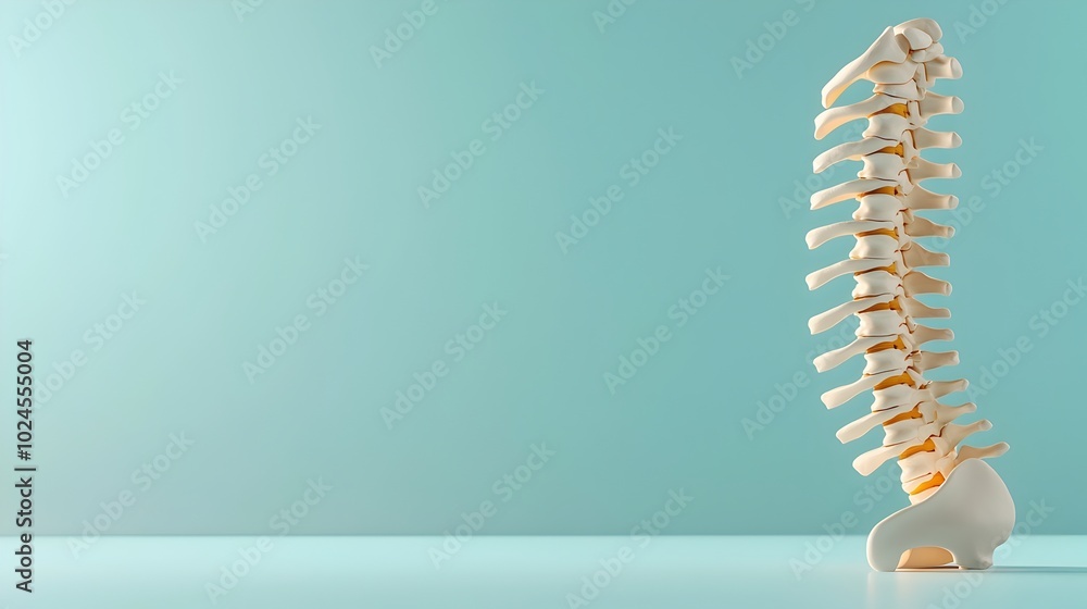 Poster detailed 3d model of the human spine structure showcased on a minimal blue background with copy spac