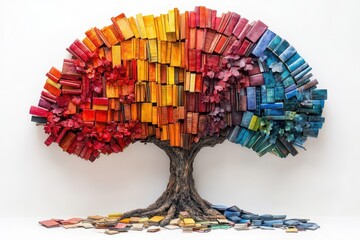 tree with colorful books as leaves symbolizing growth and knowledge set against a clean white background the vibrant colors and whimsical design evoke a sense of joy and celebration of education