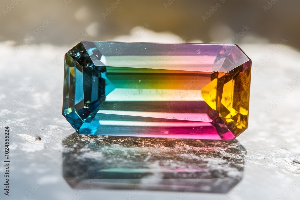 Poster colorful rectangular gemstone resting on a reflective surface with a vibrant gradient under natural 