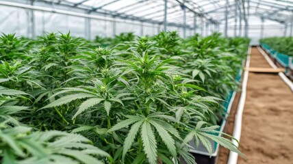 Naklejka premium Rows of healthy cannabis plants thrive in a modern grow facility