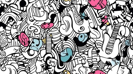 Naklejka premium A detailed music-themed pattern, depicting electric guitars, drum sets, neon-colored keyboards, and swirling music notes amidst abstract sound wave shapes. Light,