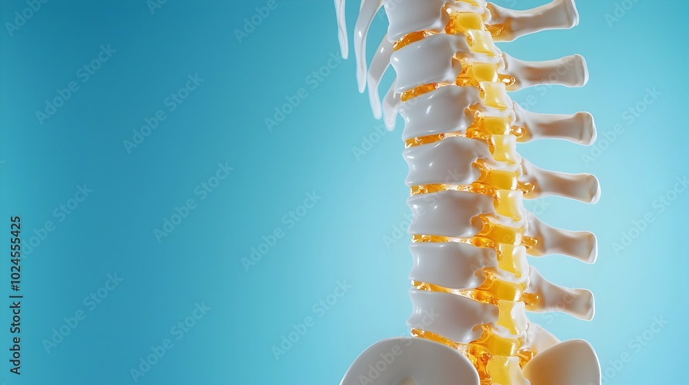 Poster detailed and precise digital mockup of the human spine anatomy centered on a blue gradient backgroun