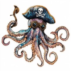 Obraz premium Playful Octopus in Pirate Hat with Hook and Glasses