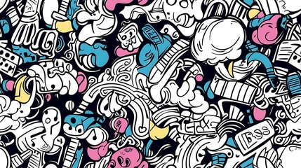 Naklejka premium A detailed music-themed pattern, depicting electric guitars, drum sets, neon-colored keyboards, and swirling music notes amidst abstract sound wave shapes. Light,