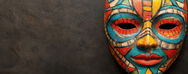 Fototapeta premium Close up of hand painted folkloric mask with vibrant colors and intricate designs, symbolizing cultural heritage and artistic expression