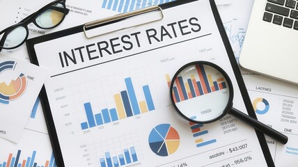 Financial report analyzing interest rates with charts and graphs.