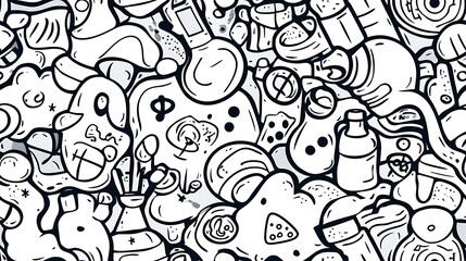 Naklejka premium A detailed science-themed pattern, depicting laboratory equipment like beakers, test tubes, microscopes, and chemical formulas amidst swirling molecular structures and atom models. Light,