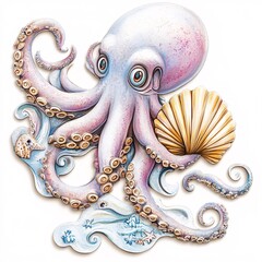 Obraz premium Playful Octopus with Seashell on White Background