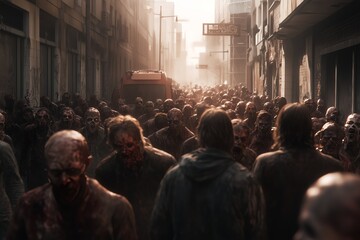 Crowd of zombies in a post-apocalyptic city zombie attack going forward 