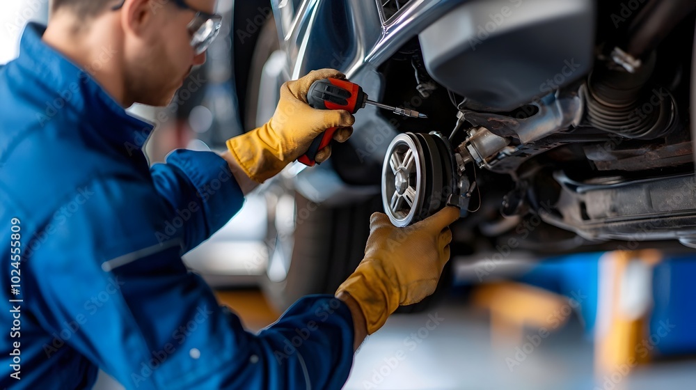 Poster skilled mechanic using a powerful tool to make precise adjustments to a car s suspension in a clean 