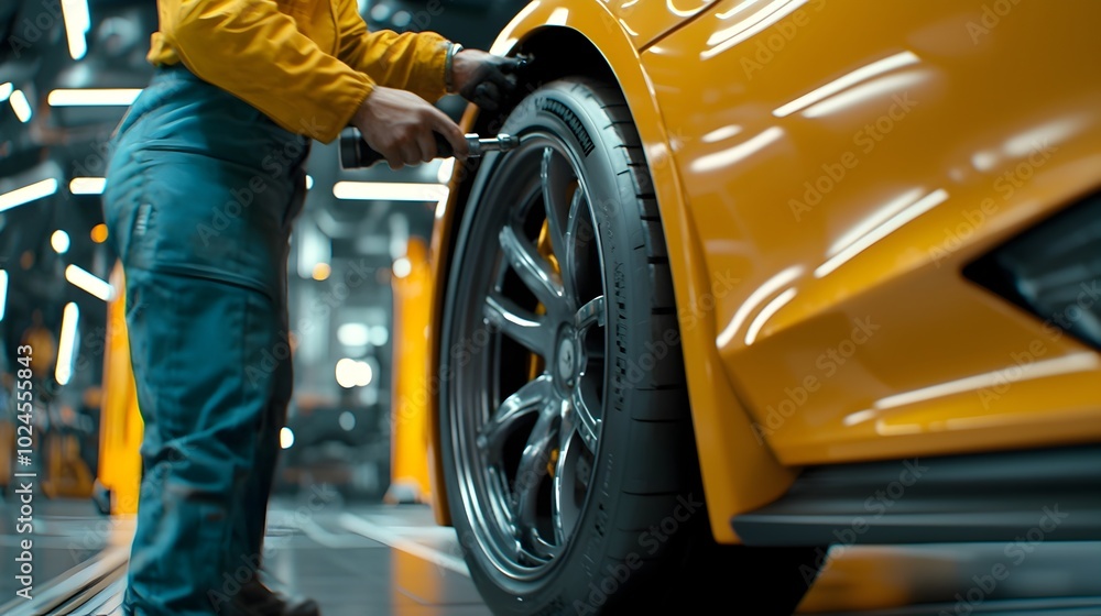 Poster talented mechanic using a specialized power tool to make precise adjustments to a car s suspension s
