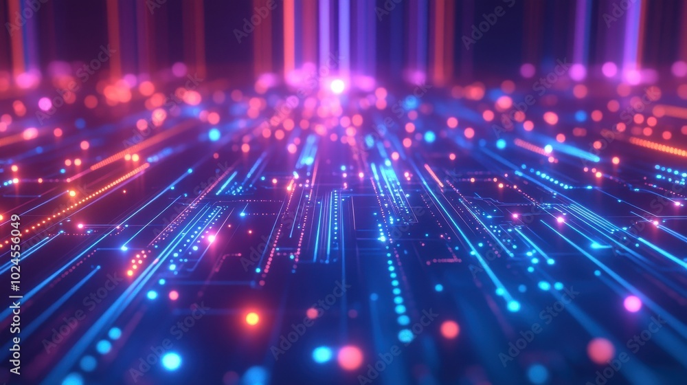 Poster a high-tech grid of neon-lit lines and circuits, with glowing blue and orange dots floating