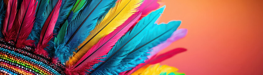 Colorful feathers adorn folkloric headdress, showcasing vibrant hues of blue, pink, yellow, and green against warm orange background. This striking piece reflects cultural artistry and tradition