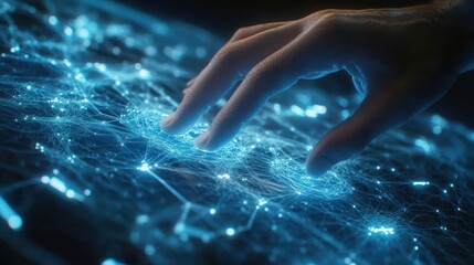 Fototapeta premium A human hand gently touches a digital surface of interconnected nodes and glowing lines