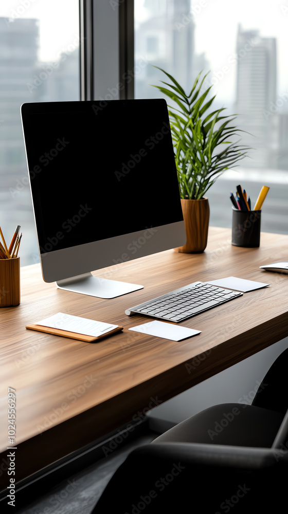 Poster modern office workspace with computer setup