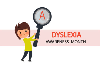 Dyslexia child concept. cute boy holds a large magnifying glass and studies the letters. Reading skills.  speech Therapy ,Vector illustration isolated on white background.